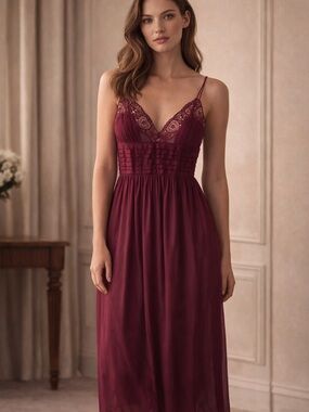 LILY OF FRANCE Vintage Lace Maxi Slip Dress Sheer Burgundy Romantic